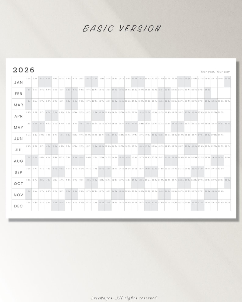 Minimal 2026 Yearly Calendar | One Page Year at a Glance | Large Wall Calendar Printable | A1 A2 A3 Giant Calendar PDF | Digital Download image 2