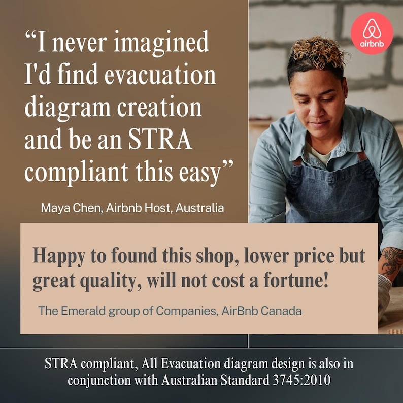 May include: Image features text: "I never imagined I'd find evacuation diagram creation and be an STRA compliant this easy." Also includes the text: "Happy to found this shop, lower price but great quality, will not cost a fortune!" and "STRA compliant, All Evacuation diagram design is also in conjunction with Australian Standard 3745:2010."