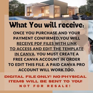 May include: Image with text: "What You will receive: ONCE YOU PURCHASE AND YOUR PAYMENT CONFIRMED, YOU WILL RECEIVE PDF FILES WITH LINK TO ACCESS AND EDIT THE TEMPLATE IN CANVA. DIGITAL FILE ONLY! NOT FOR RESALE!"