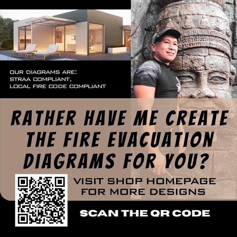 May include: Image features a modern architectural rendering with text stating diagrams are STRAA and local fire code compliant. The text also asks if you'd rather have them create fire evacuation diagrams. A QR code is included.