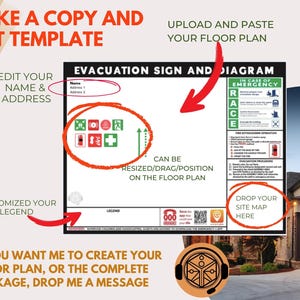 May include: Evacuation sign and diagram template with instructions to edit name and address, upload a floor plan, and customize the legend. The sign includes emergency icons and instructions. Text on the sign reads "In Case of Emergency".