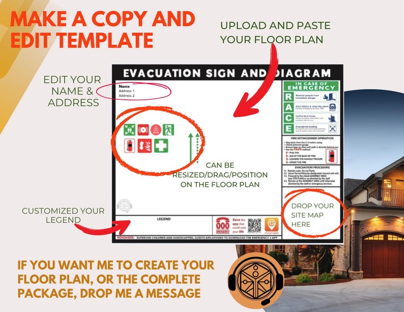 May include: Evacuation sign and diagram template with instructions to edit name and address, upload a floor plan, and customize the legend. The sign includes emergency icons and instructions. Text on the sign reads "In Case of Emergency".