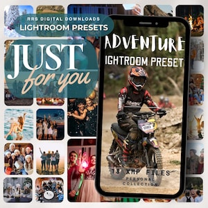 May include: A digital product advertisement featuring a smartphone displaying an "Adventure Lightroom Preset" with a motocross rider. The image includes the text "18 XMP FILES" and "Personal Collection". Surrounding the phone are lifestyle photos.