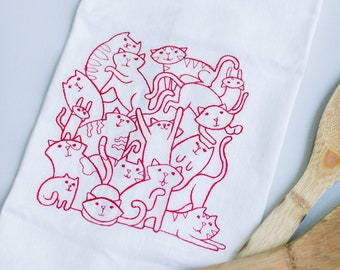 Embroidered Tea Towel: Cat Party