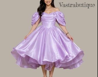 Lavender Organza Dress, Off Shoulder Midi, Puff Sleeve Party , Princess Prom , Lilac Cocktail , Wedding Guest Outfit bridesmaid