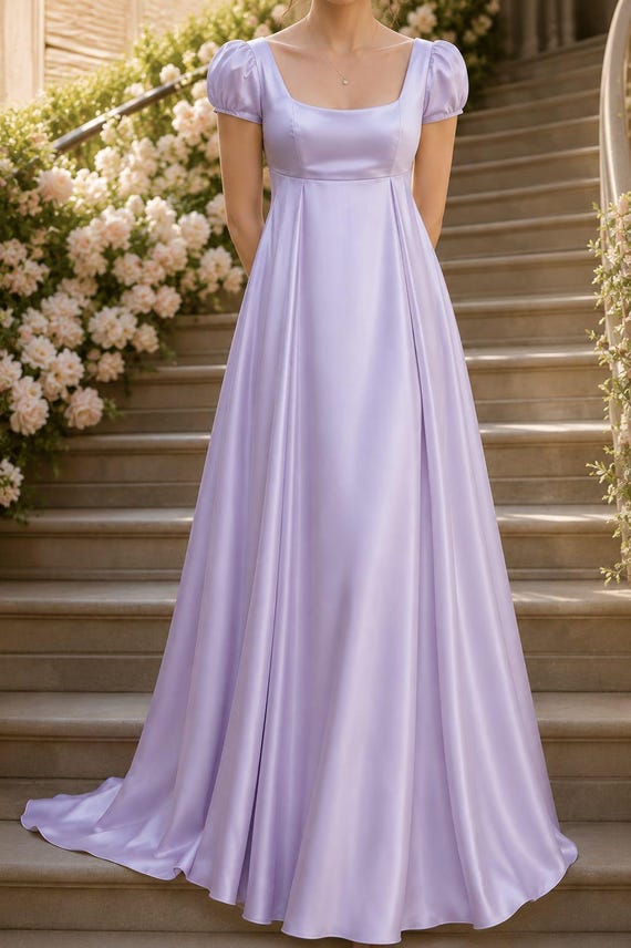 lavender empire waist dress Maxi for Women, Puff Sleeve Satin Gown, Princess Style Formal Dress, Bridesmaid Dress, Wedding Party Dress Color:001 BLK SATIN DRESS WITH 3D asian designer Lilac dress these Bell sleeves have