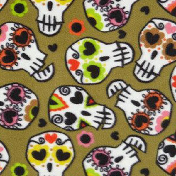 Skull Fabric - Sugar Skull - Day of the Dead - Boy - Fabric - Fleece - Polyester - Blanket - Green - Baby Bedding - Remnant - 20" x 30"