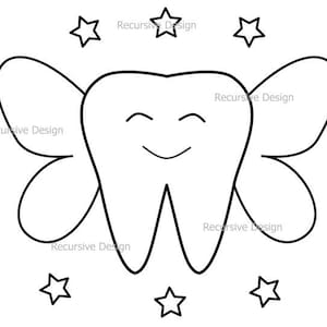 May include: A black and white illustration of a tooth with wings and a smiling face, surrounded by stars. The text "Recursive Design" is repeated around the image.