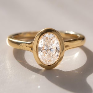 2.03 CT Colorless Oval Moissanite Bezel Set Ring, Solitaire Engagement Ring, 14k Gold Plated Wedding Ring, Delicate Anniversary Gifts/Ring