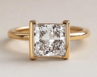 2 Ct Princess Cut Moissanite Ring, Engagement Half Bezel Set Ring, 14K Yellow Gold Plated, Wedding Solitaire Rings For Women, Gifts For Her