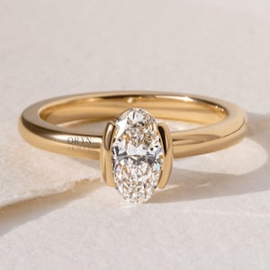 Solo Stone Engagement Moissanite Ring, 1.6 Ct Oval Cut Moissanite, Wedding Half Bezel Set Ring, 14k Yellow Gold Plated, Promise Ring For Her