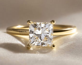 Princess Cut Moissanite Rings For Women, 1.7 Ct Moissanite, Engagement Hidden Halo Ring, 14K Yellow Gold Plated, Birthday Gifts For Her