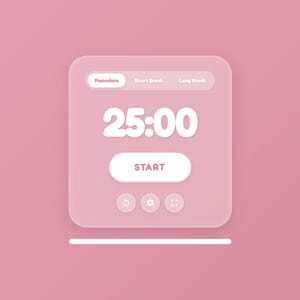 Puede incluir: Interfaz de temporizador digital sobre un fondo rosa. La interfaz muestra "25:00" en blanco, con opciones para "Pomodoro", "Short Break" y "Long Break". También se ve un botón "Start" y tres iconos.