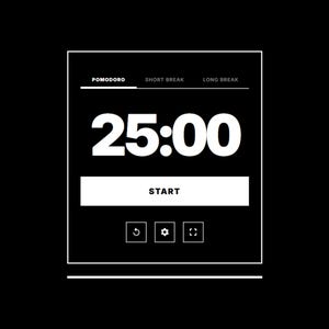 Może przedstawiać: Cyfrowy interfejs timera z czarnym tłem i białym tekstem. Timer wyraźnie wyświetla "25:00", z wybraną opcją "Pomodoro". Poniżej znajduje się przycisk "Start" i trzy ikony. Projekt jest minimalistyczny i nowoczesny.