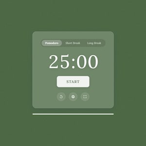 Peut inclure: Interface de minuterie numérique sur fond vert. L'écran affiche "25:00" en gros caractères, avec les options "Pomodoro", "Short Break" et "Long Break" en haut. Un bouton "Start" est visible en dessous, avec trois icônes en bas.