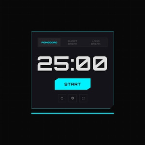 May include: Digital timer interface on a black background. The timer shows "25:00" in a white, bold font. A cyan "START" button is below the time. Above the time, the word "POMODORO" is displayed in cyan.
