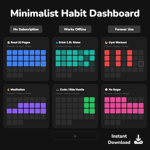 May include: A minimalist habit dashboard with sections for tracking daily goals. The dashboard includes sections for reading, drinking water, working out, meditation, coding, and no sugar. The text "Instant Download" is visible.