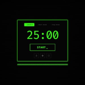 May include: A digital timer interface with a black background and a green border. The display shows "25:00" in bright green, with "START_" below. Additional text includes "/pomodoro", "/short break", and "/long break".
