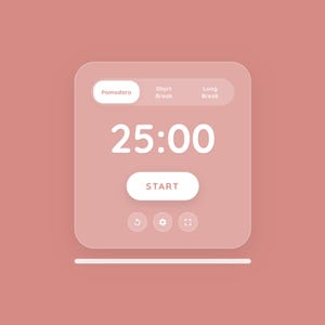 Puede incluir: Interfaz de temporizador digital con fondo rosa. El temporizador muestra "25:00" en texto blanco, con un botón "Start" debajo. Opciones para "Pomodoro", "Short Break" y "Long Break" en la parte superior.