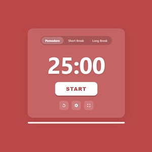 May include: A digital timer interface on a red background. The timer shows "25:00" in white, with a "START" button below. Options for "Pomodoro", "Short Break", and "Long Break" are at the top. Additional icons are at the bottom.