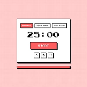 May include: A digital timer interface with a pixelated design. The display shows "25:00" with "Pomodoro", "Short Break", and "Long Break" options. A red "START" button is prominent. The background is a light pink, dotted pattern.
