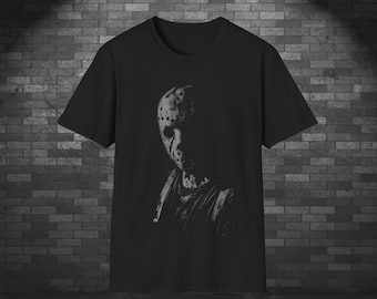 Camiseta unisex con diseño inspirado en Jason Voorhees: camiseta gráfica vintage de terror gótico, negra.