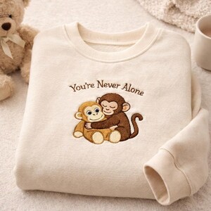 May include: Cream-coloured sweatshirt featuring an embroidered design of two hugging monkeys. The text "You're Never Alone" is embroidered above the monkeys. The sweatshirt has a crew neck and ribbed cuffs.