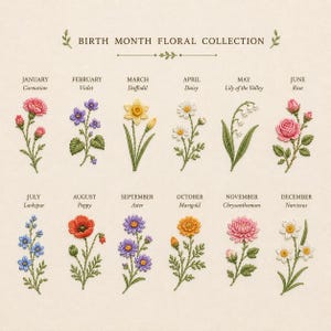 Peut inclure: Un tableau floral brodé intitulé "BIRTH MONTH FLORAL COLLECTION" présente des fleurs pour chaque mois. Les fleurs comprennent l'œillet, la violette, la jonquille, la marguerite, le muguet, la rose, le pied-d'alouette, le coquelicot, l'aster, le souci, le chrysanthème et le narcisse.