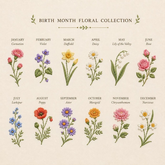 Birth Month Floral Bundle Embroidery Design Botanical Blossom Calendar Flower Pattern Collection