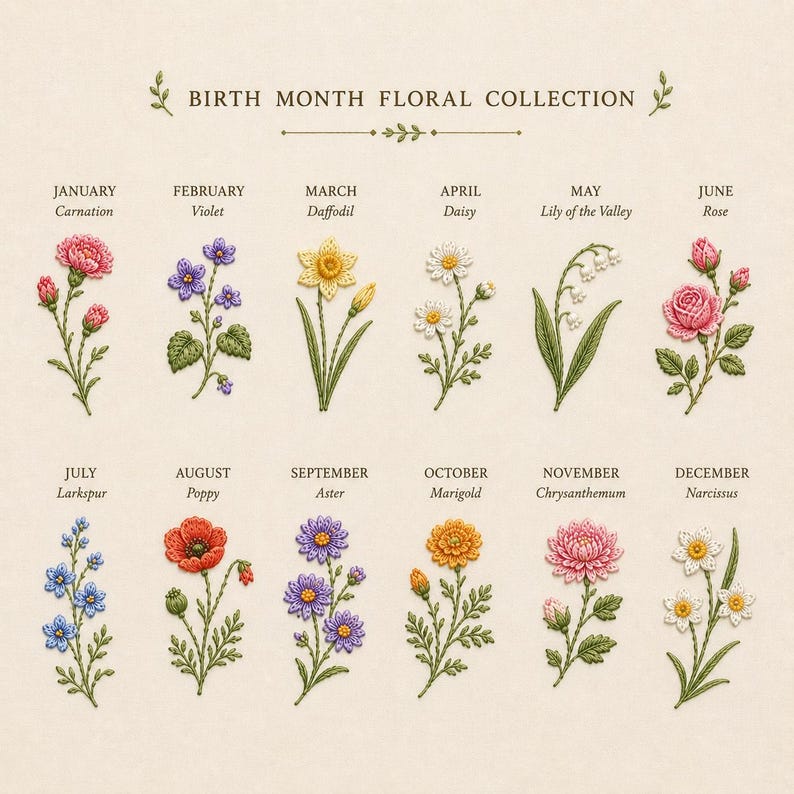 May include: A Birth Month Floral Collection chart featuring twelve embroidered flower illustrations labeled by month: January Carnation, February Violet, March Daffodil, April Daisy, May Lily of the Valley, June Rose, July Larkspur, August Poppy, September Aster, October Marigold, November Chrysanthemum, and December Narcissus.