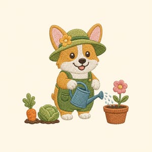Könnte beinhalten: Ein gesticktes Motiv eines hellbraun-weißen Corgis, der einen grünen Hut mit einer gelben Blume und eine grüne Latzhose trägt. Der Corgi hält eine blaue Gießkanne und gießt eine rosa Blume in einem braunen Topf, daneben eine Karotte und ein Salat.