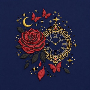 May include: Embroidered design featuring a red rose, butterflies, and a clock with Roman numerals, set against a dark blue background. Gold stars and a crescent moon add to the decorative elements. The design has a vintage, romantic aesthetic.
