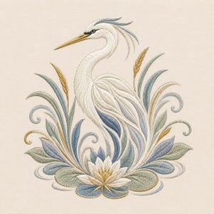 May include: An embroidery design featuring a white heron standing amidst stylized foliage and a lotus flower. The heron has a long yellow beak and blue-toned plumage accents. The surrounding leaves and wheat stalks are in shades of blue, green, and gold.