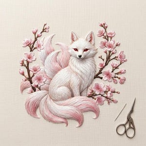 Peut inclure: Illustration détaillée d'un renard blanc à neuf queues et aux yeux rouges, entouré de fleurs de cerisier roses. Une aiguille et de petits ciseaux sont placés près du renard. L'image présente des textures et des ombres visibles.