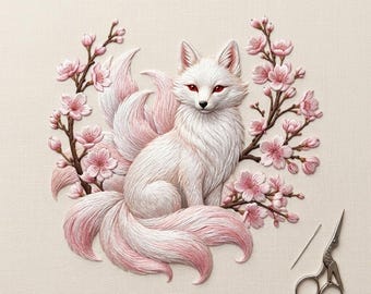 キツネと桜の刺繍デザイン ファンタジー アニマル 花柄 日本のミシンステッチ デジタルダウンロードファイル アート