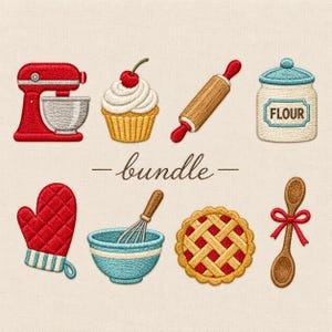 Könnte beinhalten: Ein Stickmuster-Set bestehend aus einer roten Küchenmaschine, einem Cupcake mit Kirsche, einem hölzernen Nudelholz, einem Mehlbehälter, einem roten Ofenhandschuh, einer blauen Rührschüssel mit Schneebesen, einem Gitterkuchen und einem Holzlöffel.