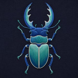 Könnte beinhalten: Ein gestickter Aufnäher, der einen Hirschkäfer in Blau-, Türkis- und Hellgrüntönen zeigt. Das Insekt hat große, gebogene Mandibeln, sechs segmentierte Beine und zwei Fühler, die alle mit detaillierter Stickarbeit auf dunkelblauem Grund dargestellt sind.