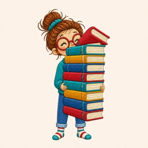 May include: An embroidered illustration of a character with a brown hair bun and red glasses holding a tall stack of eight colorful books. The books are red, blue, and yellow with white pages. The character wears a teal sweater and blue jeans.