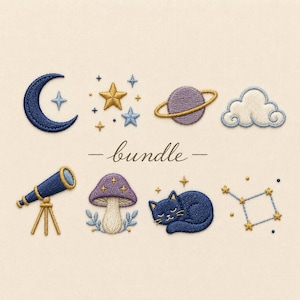 May include: An embroidery design bundle featuring a dark blue crescent moon, gold stars, a purple planet with a gold ring, a white cloud, a blue telescope on a gold tripod, a purple mushroom, a sleeping dark blue cat, and a star constellation.