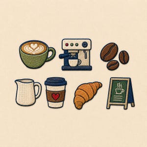 Puede incluir: Un conjunto de parches bordados que incluye una taza de café verde con arte latte, una máquina de espresso, tres granos de café marrones, una jarra de leche blanca, un vaso de café con un corazón rojo, un croissant dorado y un letrero de pizarra verde.