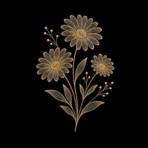 Pode incluir: Ilustração floral dourada com três margaridas com pétalas detalhadas e centros texturizados. Os caules e as folhas são dourados sobre um fundo preto. O design inclui pequenos detalhes redondos.