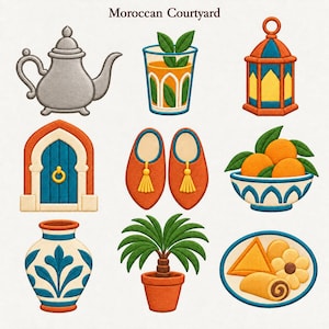 May include: A collection of nine embroidered icons titled Moroccan Courtyard, featuring a silver teapot, a glass of tea with leaves, an orange lantern, a blue arched door, orange slippers with tassels, oranges in a bowl, a vase, a palm, and pastries.