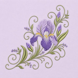 May include: An embroidery design featuring a central purple and white iris flower with yellow accents, surrounded by green leaves, stems, and small purple buds. The floral arrangement is accented with decorative green swirling vine flourishes.