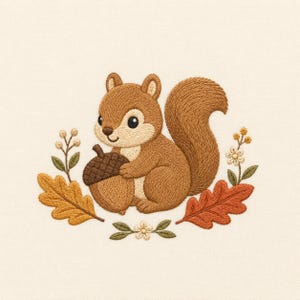 May include: An embroidery design featuring a brown squirrel holding a dark brown acorn. The squirrel is surrounded by two oak leaves in yellow and orange, small white flowers, and green sprigs on a solid cream-coloured fabric background.