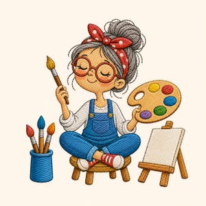 May include: An embroidered illustration of a character with a grey bun hairstyle, red polka-dot headband, and round glasses, wearing blue overalls. The character holds a paintbrush and a paint palette, sitting on a stool near a canvas and brushes.