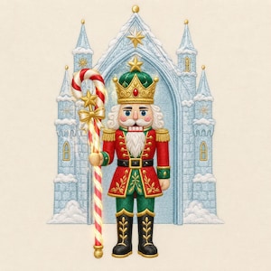 May include: An embroidered nutcracker figure wearing a green and gold crown, a red jacket with gold trim, and black boots. The figure holds a tall candy cane staff with a gold bow. Behind the nutcracker is a light blue, snow-covered castle.