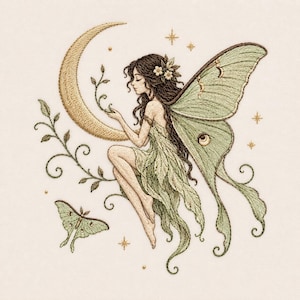 May include: An embroidered image of a fairy with long brown hair, wearing a green dress and wings, sitting on a gold crescent moon. A green moth and stars are also embroidered on the off-white background. The fairy is holding a sprig of leaves.