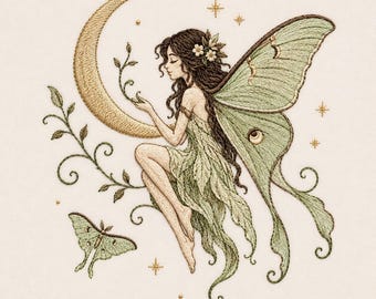 Luna Motte Fee Stickdatei Mondsichel Wald Fantasy Garten Kunstwerk