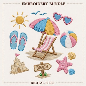 Op de afbeelding: Een borduurpakket met strandthema's. Bevat een zon, hartvormige zonnebril, parasol, strandstoel, slippers, strandbal, zandkasteel, zeester, schelp en een bord met "BEACH". De tekst "EMBROIDERY BUNDLE" en "DIGITAL FILES" zijn ook inbegrepen.