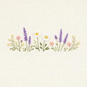 May include: Embroidered floral design featuring white daisies with yellow centers, purple lavender, and pink and yellow wildflowers. The flowers are set against a cream-colored fabric background. The embroidery is detailed and colorful.
